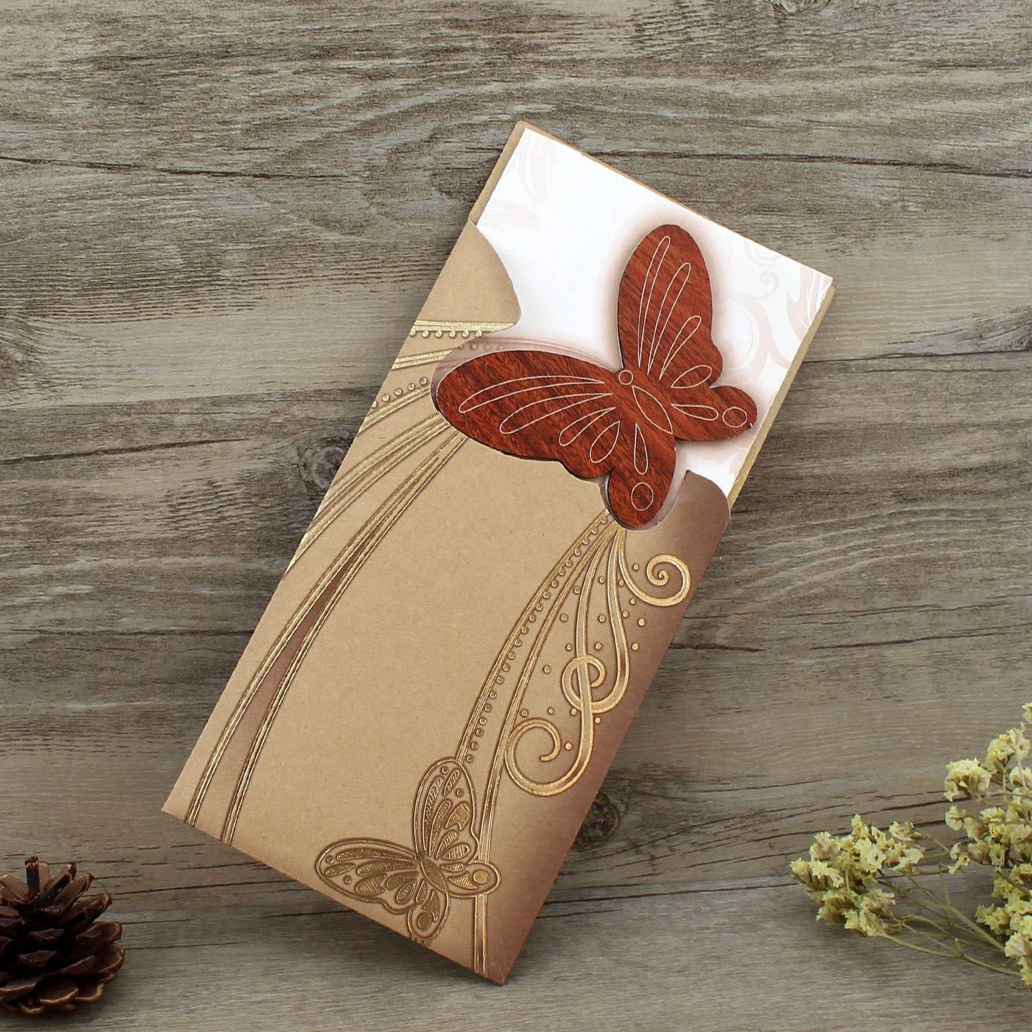 Wooden Invitation Card Butterfly Decoration Pocket Invitation Customized